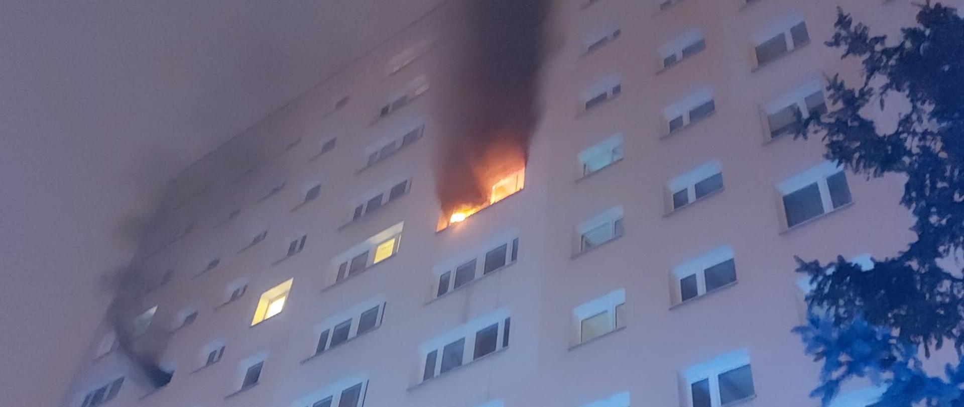 03.03.2021 Pożar mieszkania w Legionowie. Na zdjęciu blok mieszkalny wielorodzinny w jednym z mieszkań płomienie wychodzące na zewnątrz oraz silne zadymienie. 