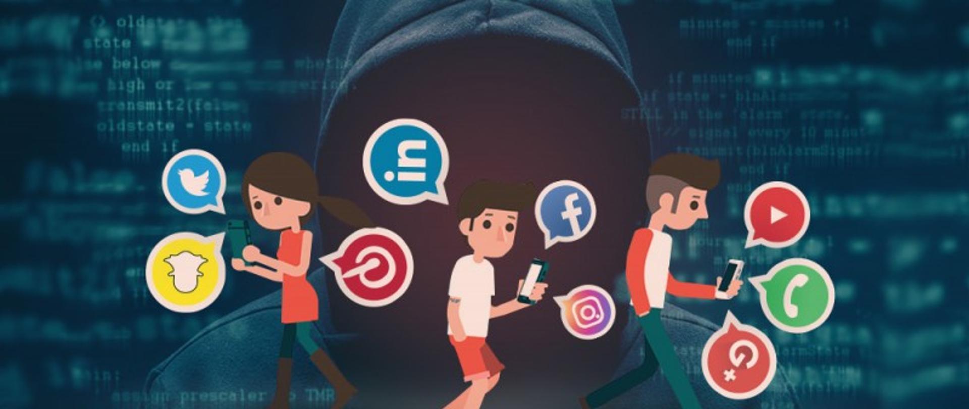 W tle zdjęcie hakera - człowiek w kapturze. Na pierwszym planie obrazki ludzi z ikonkami portali społecznościowyc - facebook, instagram, twitter