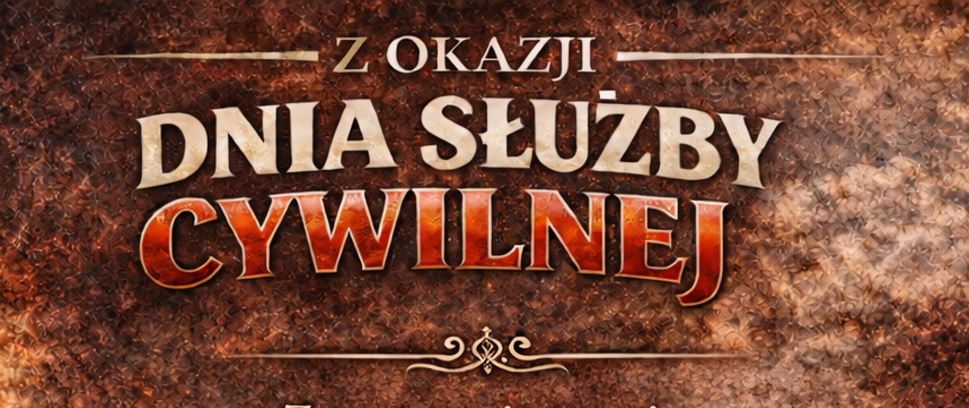 Plakat zawierający życzenia z okazji dnia służby cywilnej. Złożone przez 3 komendantów straży pożarnej w Gdyni. Po lewej hełm strażacki, radio, wąż strażacki. Na środku logo PSP. Po prawej teczki, godło Polski oraz młotek. Wszystko umieszczone na tle z moteywem ognia.