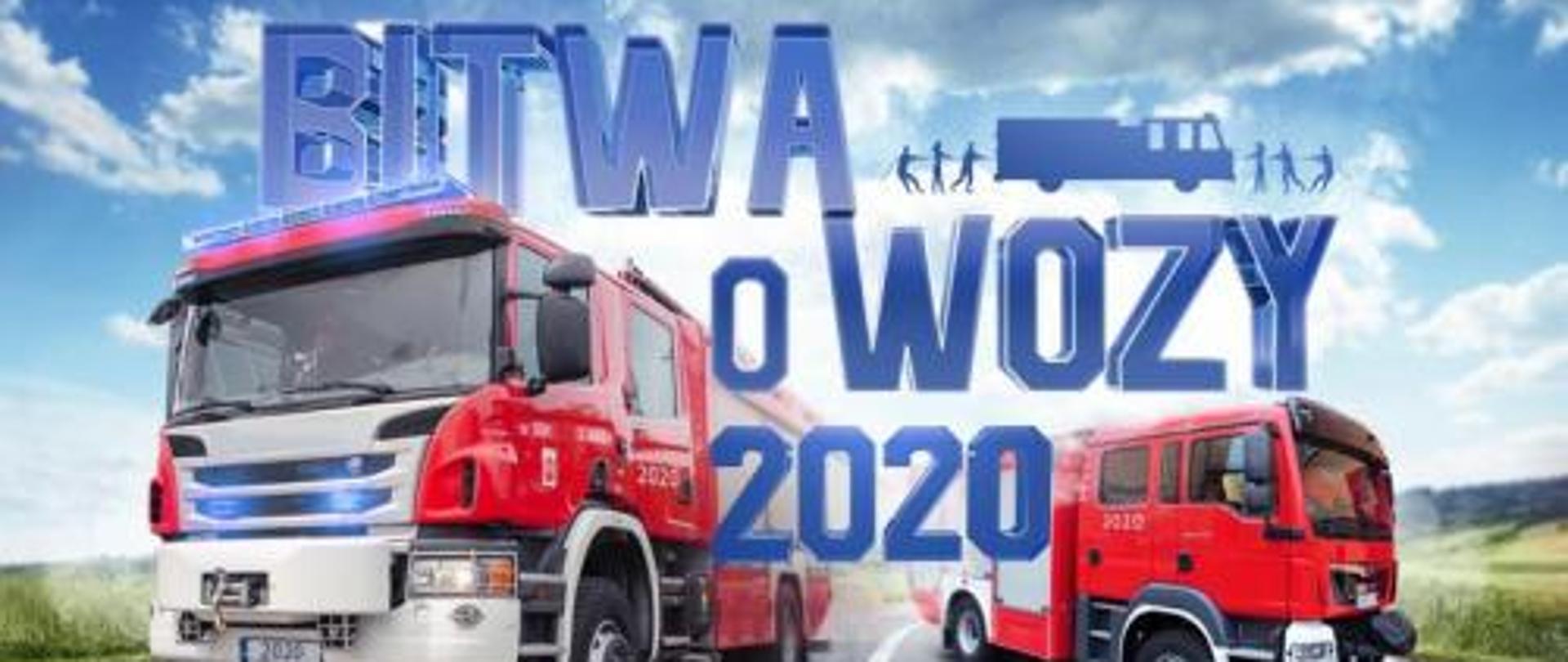 Widoczne dwa samochody ratowniczo - gaśnicze na drodze. Napis: bitwa o wozy.