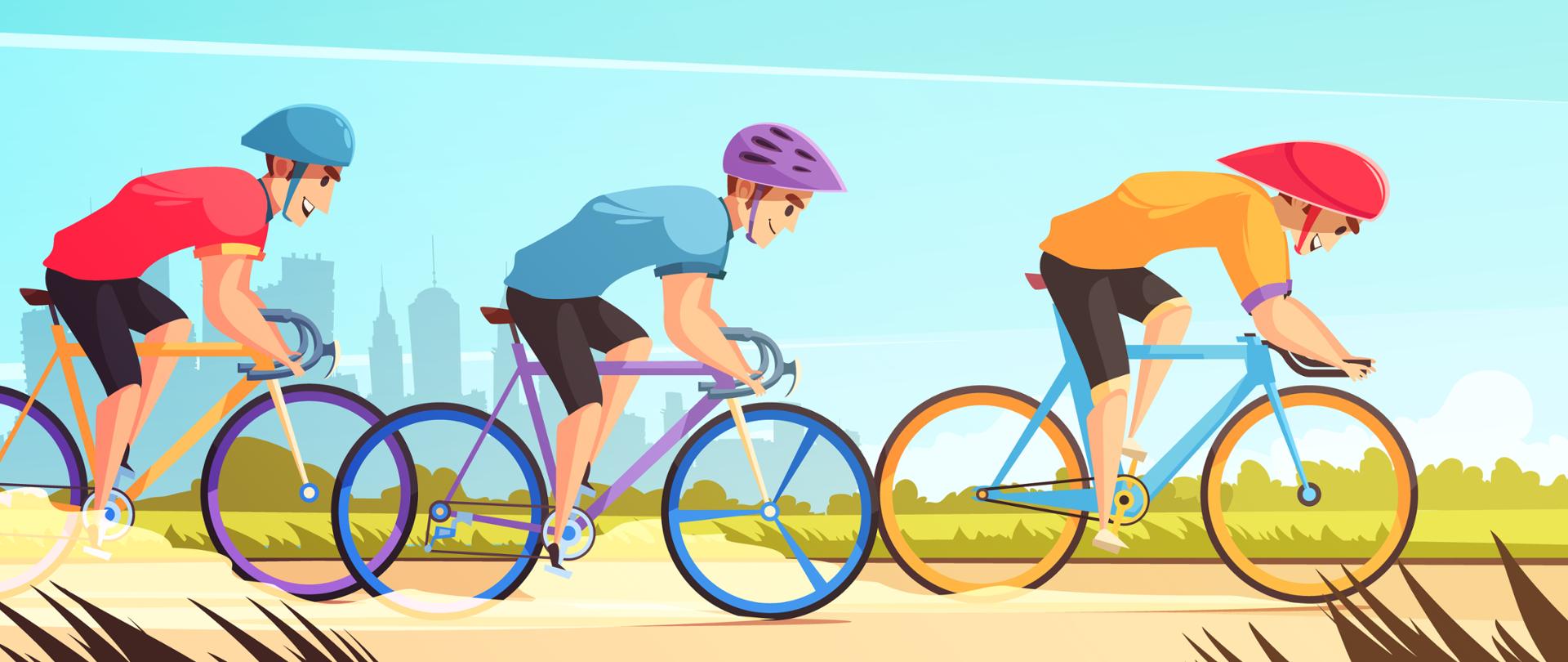 Countrywyścig_kolarski road bicycle racing competition cartoon poster with three riders in uniform jerseys and helmets vector illustration 