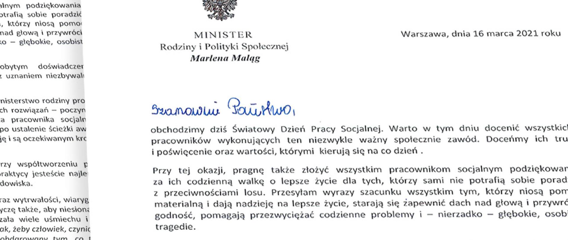 zyczenia Minister Marleny Maląg z okazji Dnia Pracy Socjalnej