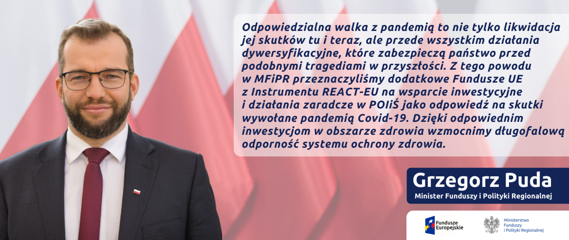 Grafika z cytatem Ministra Pudy na temat wsparcia ochrony zdrowia z instrumentu React-EU