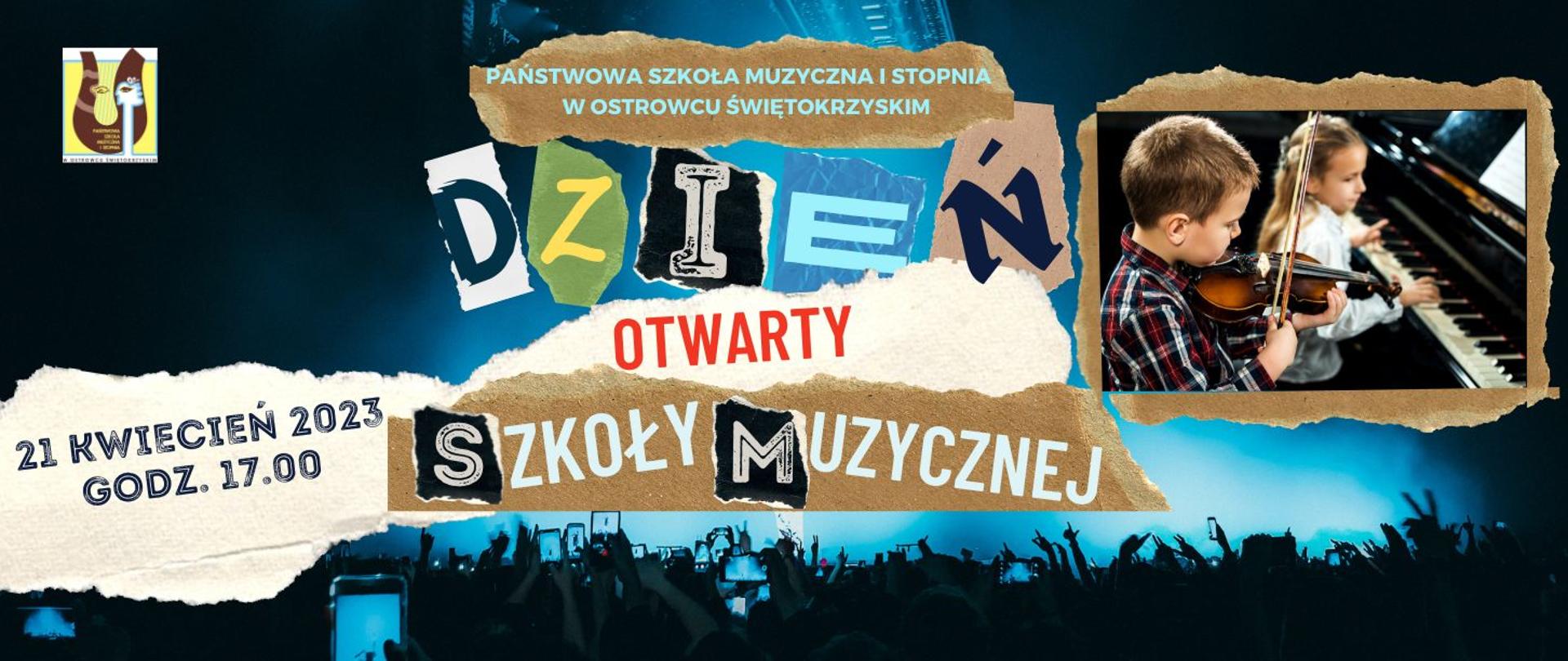 zdjęcie przedstawia informacje tekstowe o dniu otwartym szkoły muzycznej w różnych kolorach na niebieskim tle z logo szkoły z lewej strony i zdjęciem przedstawiającym dzieci grających na skrzypcach i fortepianie z prawej strony