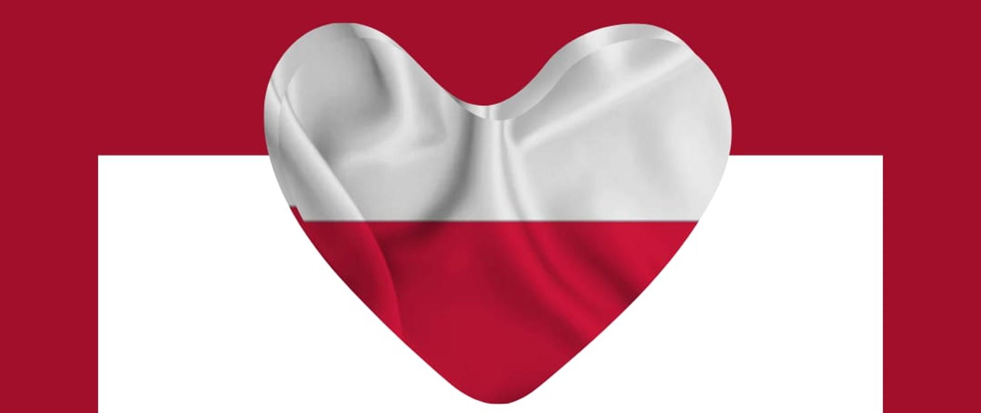 Zdjęcie przedstawia plakat z sercem w kolorach biało-czerwonej flagi Polski oraz napis z zaproszeniem na koncert patriotyczny z okazji Narodowego Święta Niepodległości, który odbędzie się 10 listopada 2022 roku.