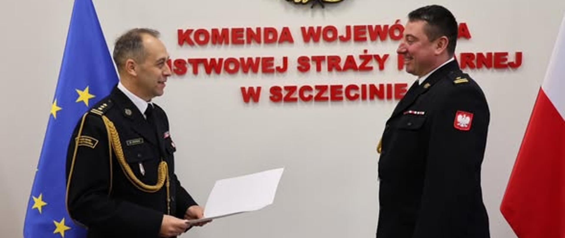 Wręczenie aktu powołania na stanowisko Zastępcy Komendanta Powiatowego Państwowej Straży Pożarnej w Drawsku Pomorskim mł. bryg. Mateuszowi Waszczykowi