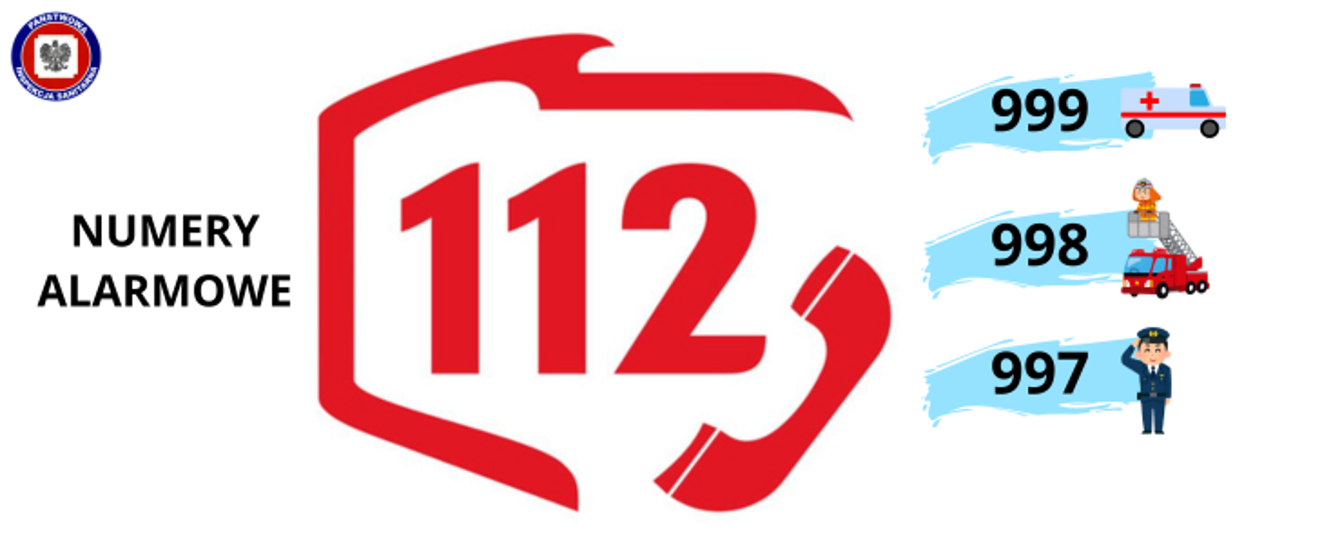 Na jasnym tle po lewej stronie napis numery alarmowe. W lewym górnym rogu logo Państwowej Inspekcji Sanitarnej. Na środku czerwony zarys granic Polski z numerem 112 w środku i czerwona słuchawka telefoniczna. Po prawej stronie numery alarmowe 999 wraz z rysunkiem karetki pogotowia, 998 wraz z rysunkiem straży pożarnej; 997 wraz z rysunkiem Policjanta w granatowym mundurze.