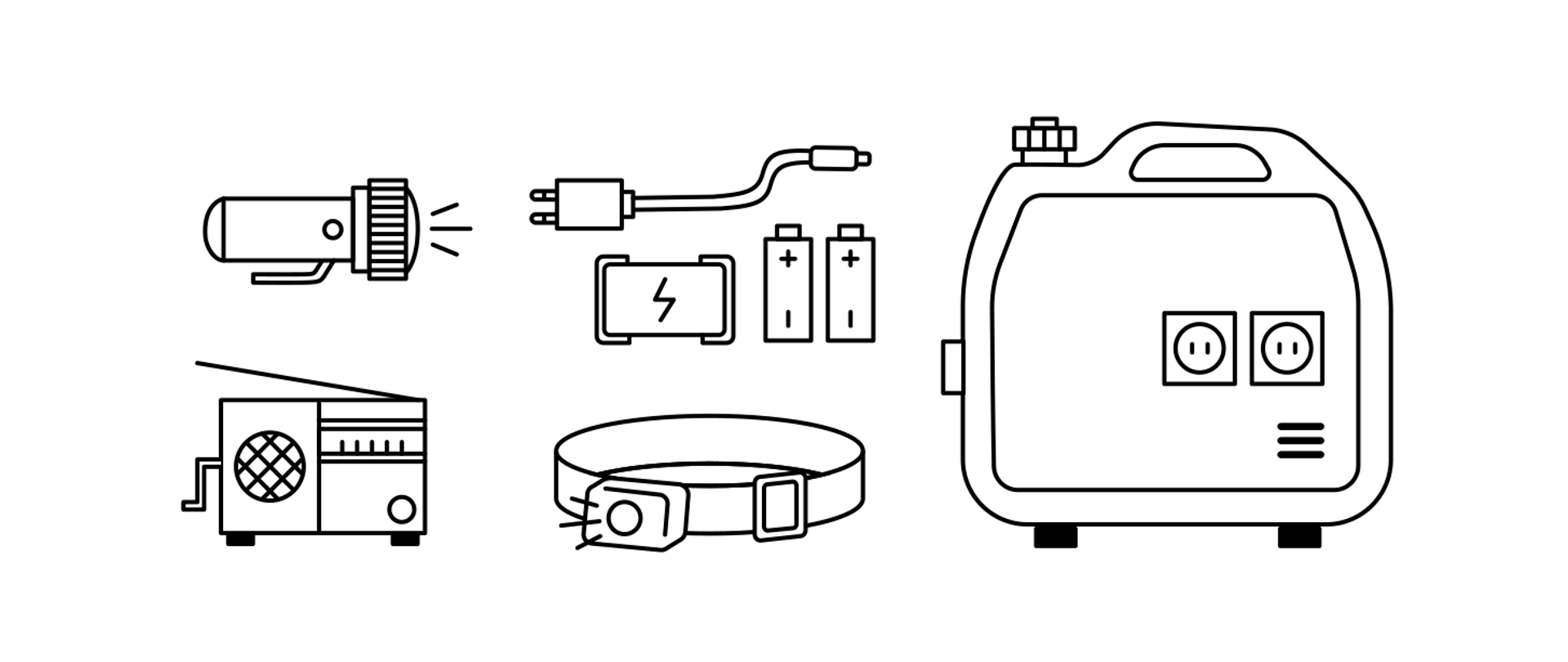 Na ilustracji przedstawiono sprzęt awaryjny w przypadku braku zasilania. Po lewej stronie latarka i radio z anteną. Urządzenia te są na baterie lub korbkę. Obok znajduje się ładowarka, dwie baterie i smartfon. Dalej latarka do zakładania na głowę. Po prawej stoi duży agregat prądotwórczy z gniazdkami.