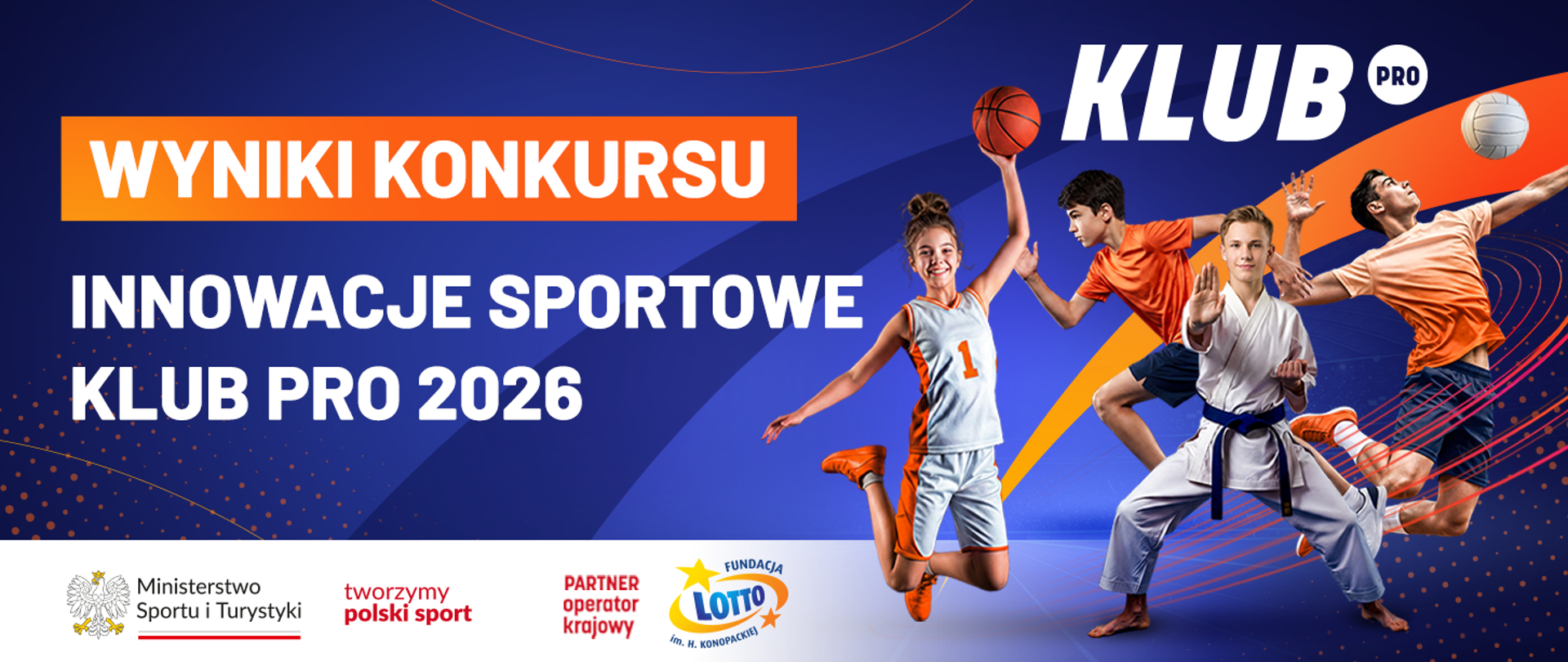 Grafika z granatowym tłem i dużym napisem wyniki konkursu "Innowacje sportowe KLUB PRO 2026".