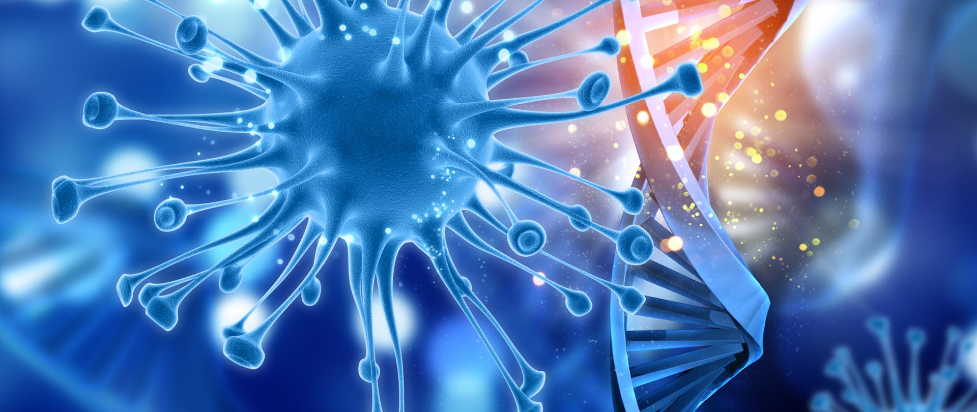 3D render of a medical background with virus cells and DNA strands