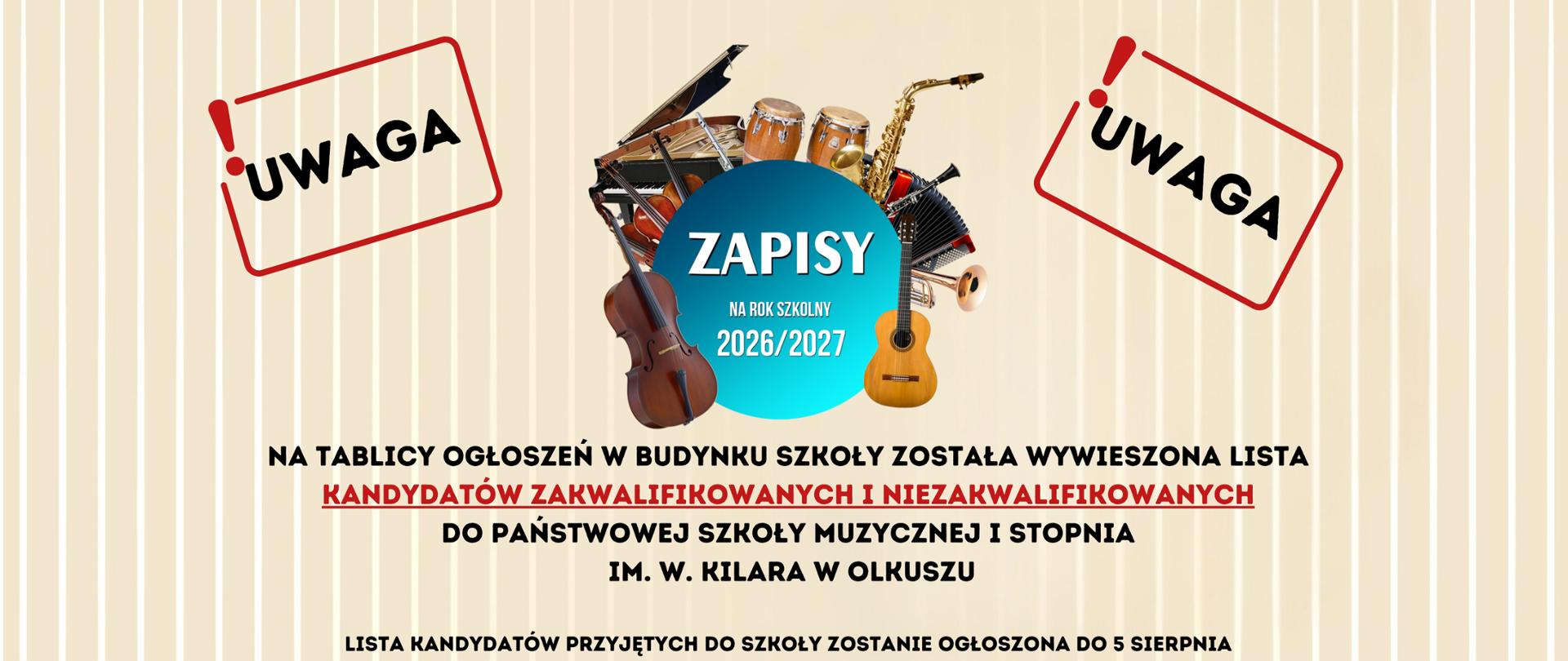 Szare tło na środku niebieskie koło i zza niego wystające instrumenty , czarne napisy, dwie czerwone ramki z napisem Uwaga!