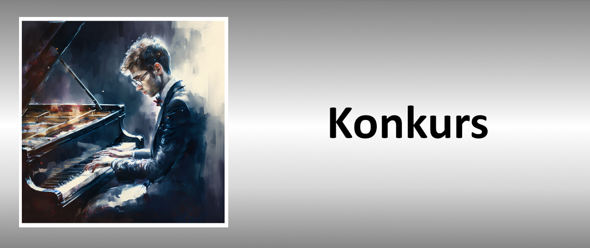 Po lewej młody pianista grający na fortepianie, po prawej napis Konkurs