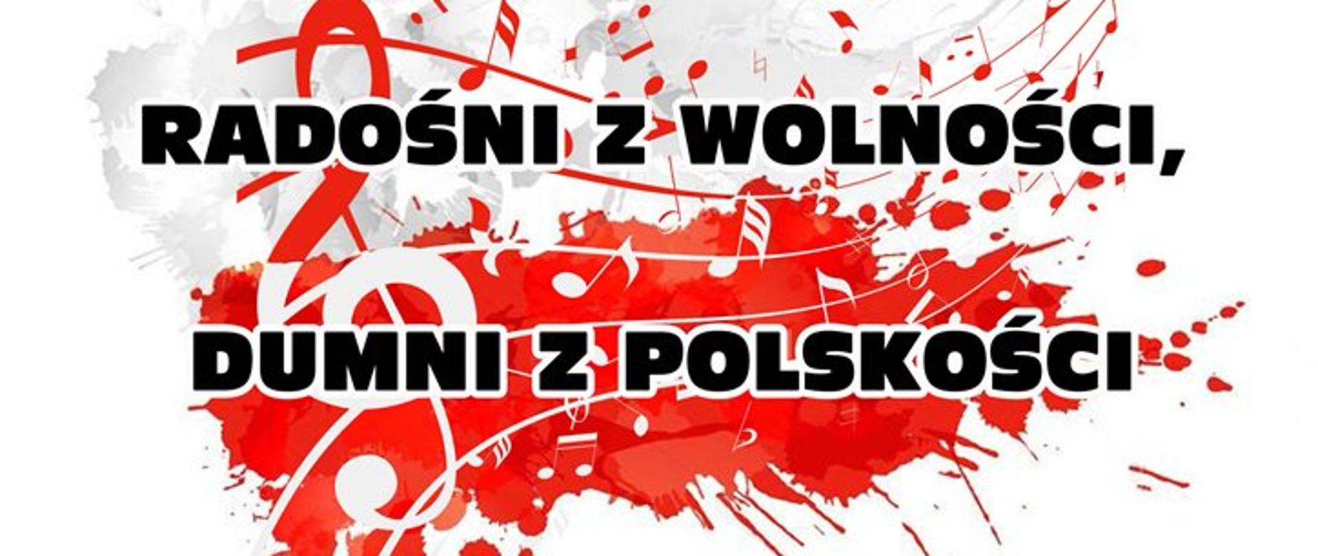 Plakat na białym tle z czerwonymi poziomymi pasami w środku. Powyżej organizatorzy i nazwa imprezy "Koncert Patriotyczny RADOŚNI Z WOLNOŚCI, DUMNI Z POLSKOŚCI". Na czerwonych pasach terminy imprezy i informacja o patronacie Starosty Leżajskiego Marka Śliża. Poniżej szary pas z wyszczególnionymi instytucjami występującymi w koncercie. W stopce loga współorganizatorów