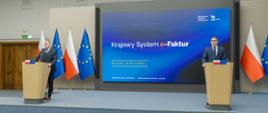 Marcin Łoboda Szef KAS i Zbigniew Stawicki zastępca szefa KAS podczas konferencji prasowej w Ministerstwie Finansów nt. wdrożenia II etapu Krajowego Systemu e-Faktur