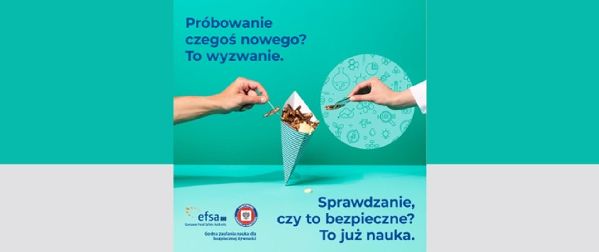 grafika przedstawia dwie dłonie, które sięgają do opakowania, w którym znajdują się świerszcze jako przekąski lub składniki różnych potraw