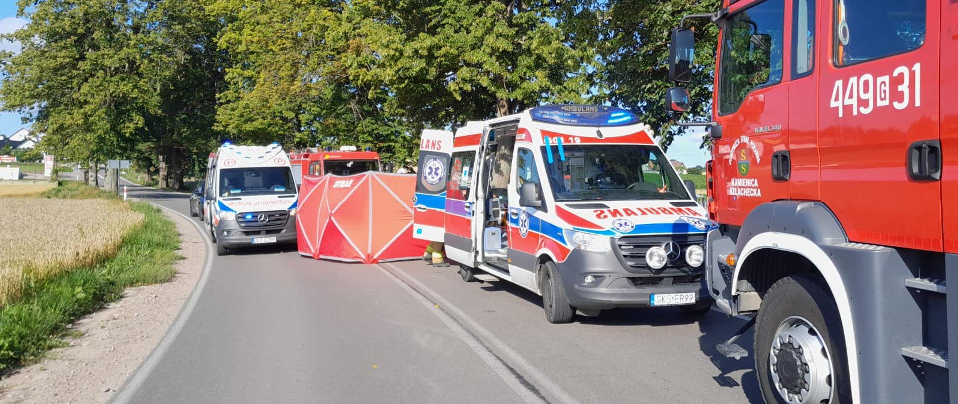 Samochody służb ratunkowych ustawione w pobliżu miejsca wypadku osłoniętego czerwonym parawanem.