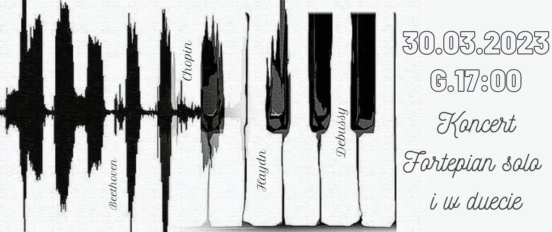 panorama informująca o koncercie fortepianowym w dniu 30.03.2023 o godz.17:00. W pierwszym planie rysunek klawiatury fortepianu. Grafika utrzymana w szaro - czarnych barwach. 