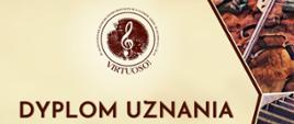 Zdjęcie przedstawia logo IV Ogólnopolskiego Konkursu Instrumentalnego Virtuoso, grafikę instrumentów