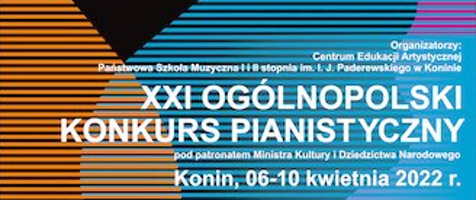 Plakat przedstawiający informacje na temat ogólnopolskiego konkursu pianistycznego , tekst na tle pomarańczowo, niebiesko, różowo- żółtym. poziome linie.
