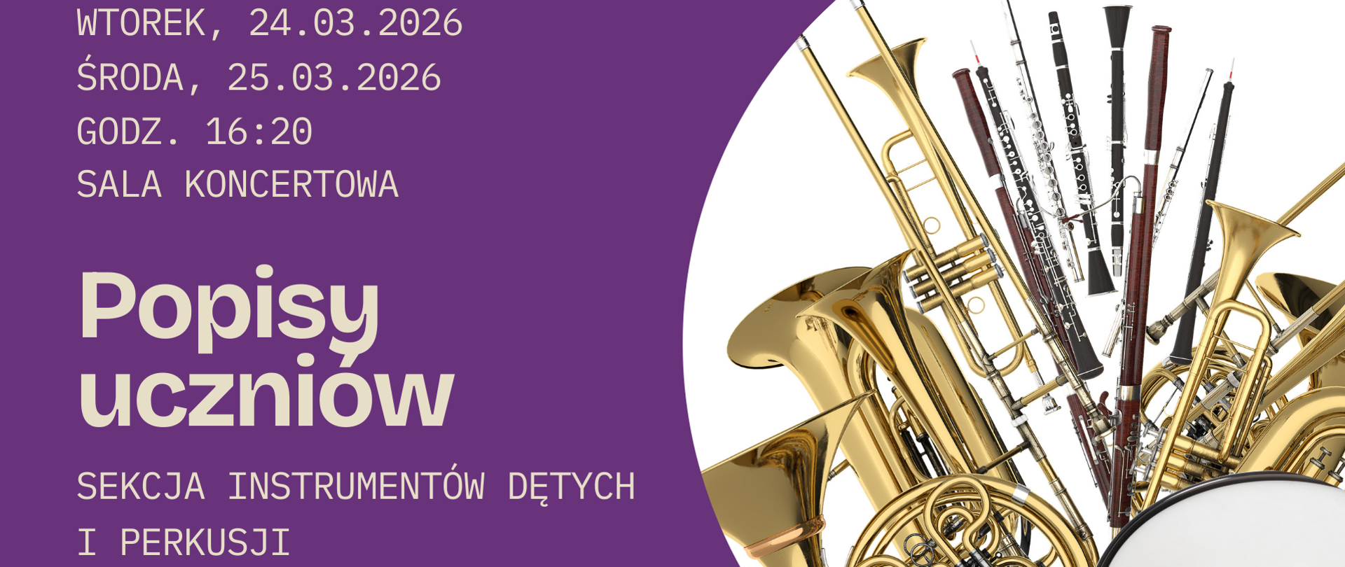 Grafika przedstawia zbliżenie na instrumenty dęte i perkusyjne. Tło plakatu jest w intensywnym fioletowym kolorze, który kontrastuje z brązowym odcieniem instrumentów. Po lewej stronie widnieje jasny napis informujący o wydarzeniach.