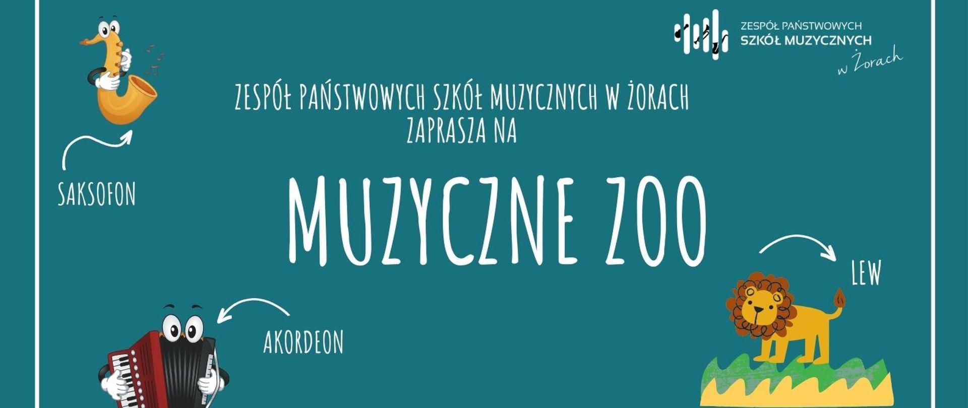 Na ciemnoniebieskim tle białe i błękitne napisy zapowiadające koncert dla dzieci, jego czas i miejsce. Wokół emotikony przedstawiające zwierzątka oraz animowane instrumenty. W prawym górnym rogu logo szkoły. Wszystko otoczone białą ramką.