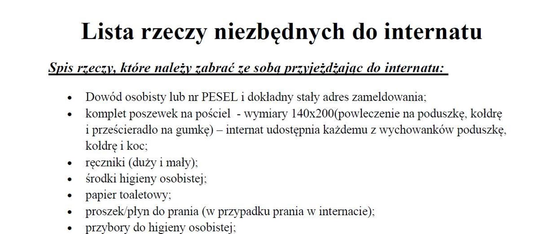 Lista rzeczy niezbędnych do internatu