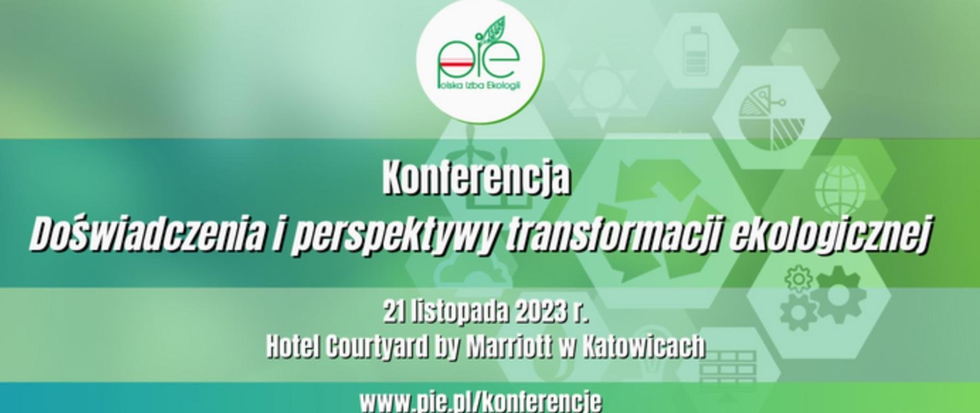 Plakat informacyjno-promocyjny o konferencji pn. Doświadczenie i perspektywy transformacji ekologicznej. 21 listopada 2023 Hotel Courtyard by Marriott w Katowicach.
