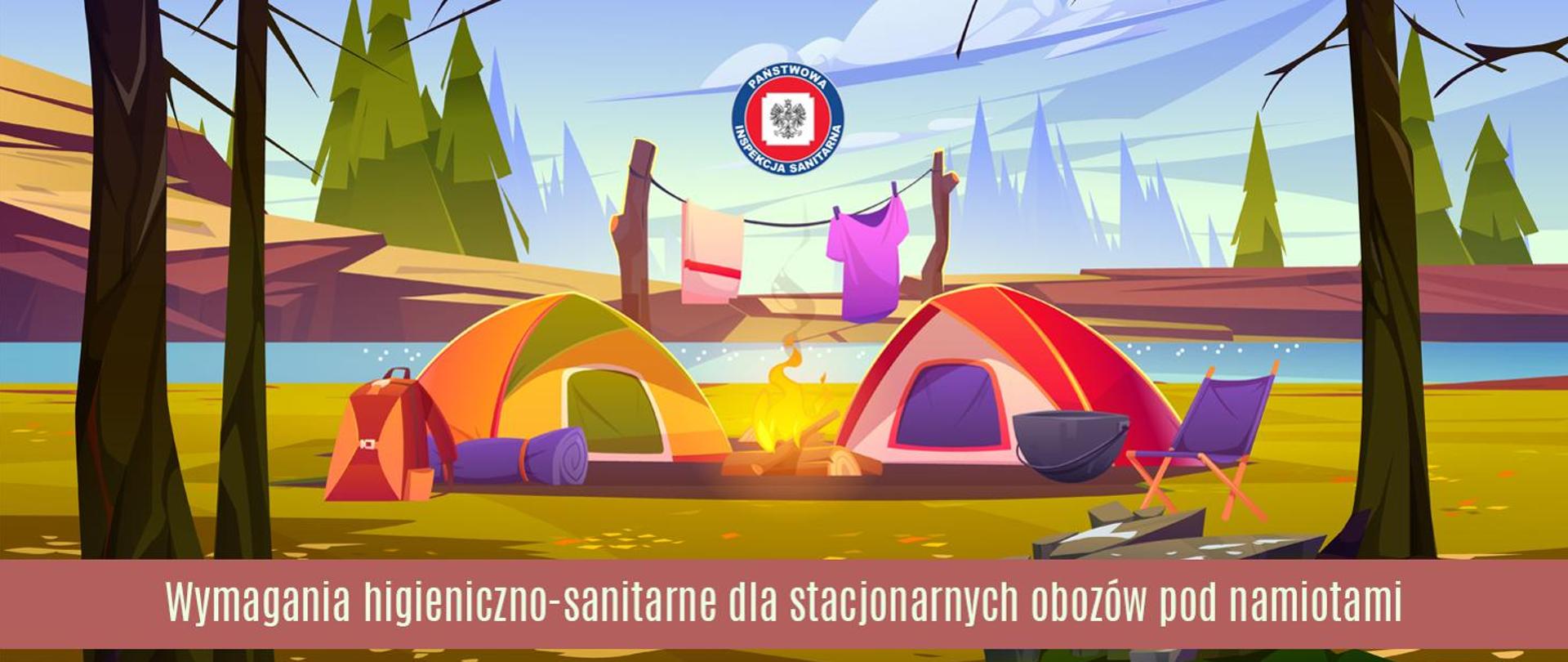 Na zdjęciu widnieją dwa namioty i ognisko pośrodku 