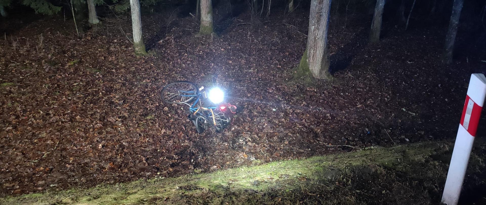 Zdjęcie zrobione nocą. Na poboczu drogi leży uszkodzony rower.