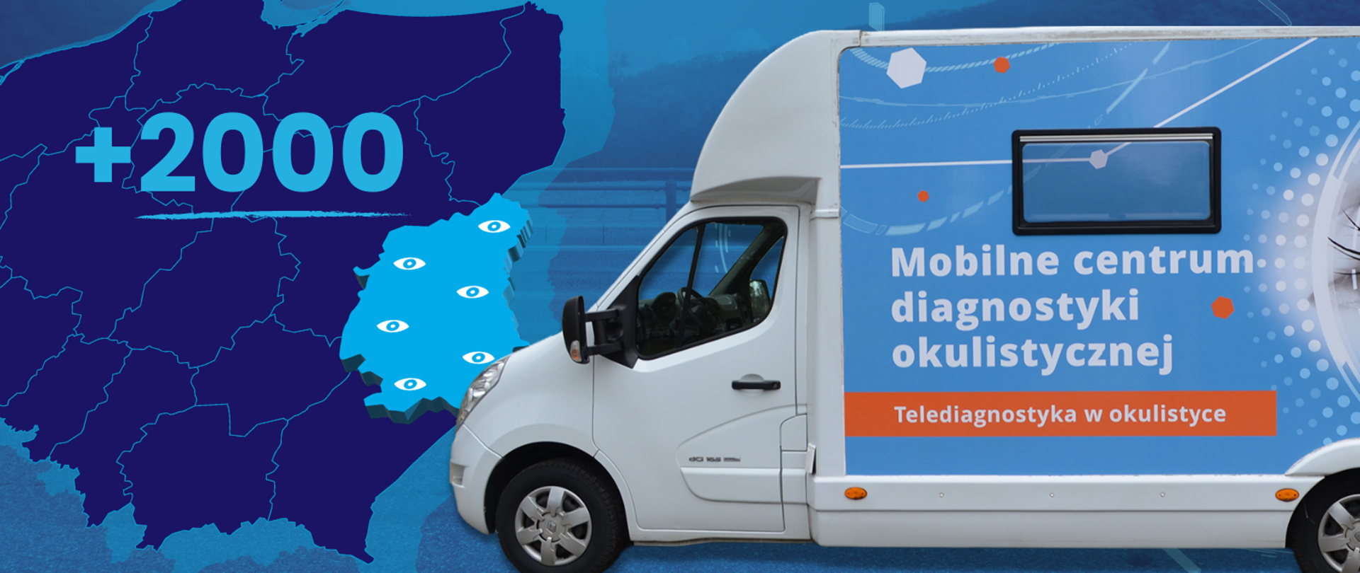 Zdjęcie samochodu diagnostycznego Okobus. Obok mapa Polski z wyróżnionym województwem lubelskim. Po lewej napis: +2000.