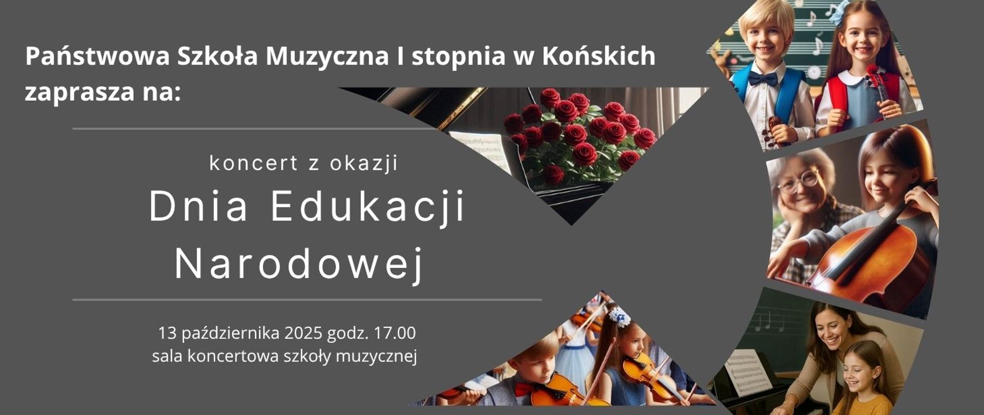 Szare tło, białe litery. Po prawej stronie kolorowe zdjęcia dzieci.