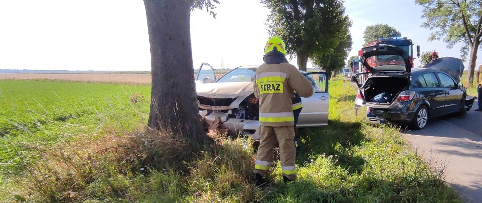 Zderzenie dwóch samochodów osobowych na drodze wojewódzkiej w pobliżu miejscowości Kluczewsko, na zdjęciu strażak w ubraniu specjalnym, odłączający akumulator w pojeździe, który uderzył w drzewo, drugi pojazd stoi na pasie jezdni, w oddali pojazdy pożarnicze.