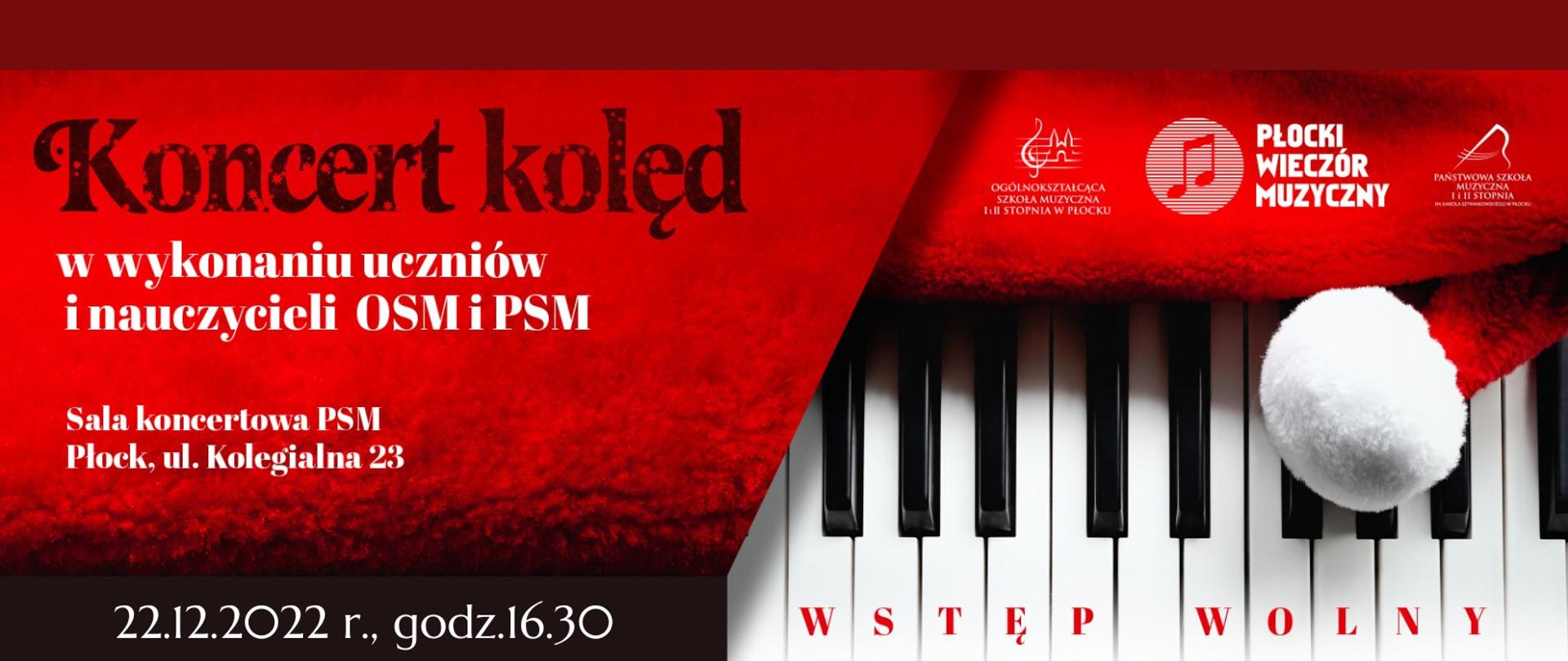 Po prawej stronie klawiatura fortepianu widziana z góry, a na niej położona czerwona czapka Św. Mikołaja (na dole napis Wstęp Wolny). Po lewej stronie informacje dotyczące tytułu i godziny koncertu.