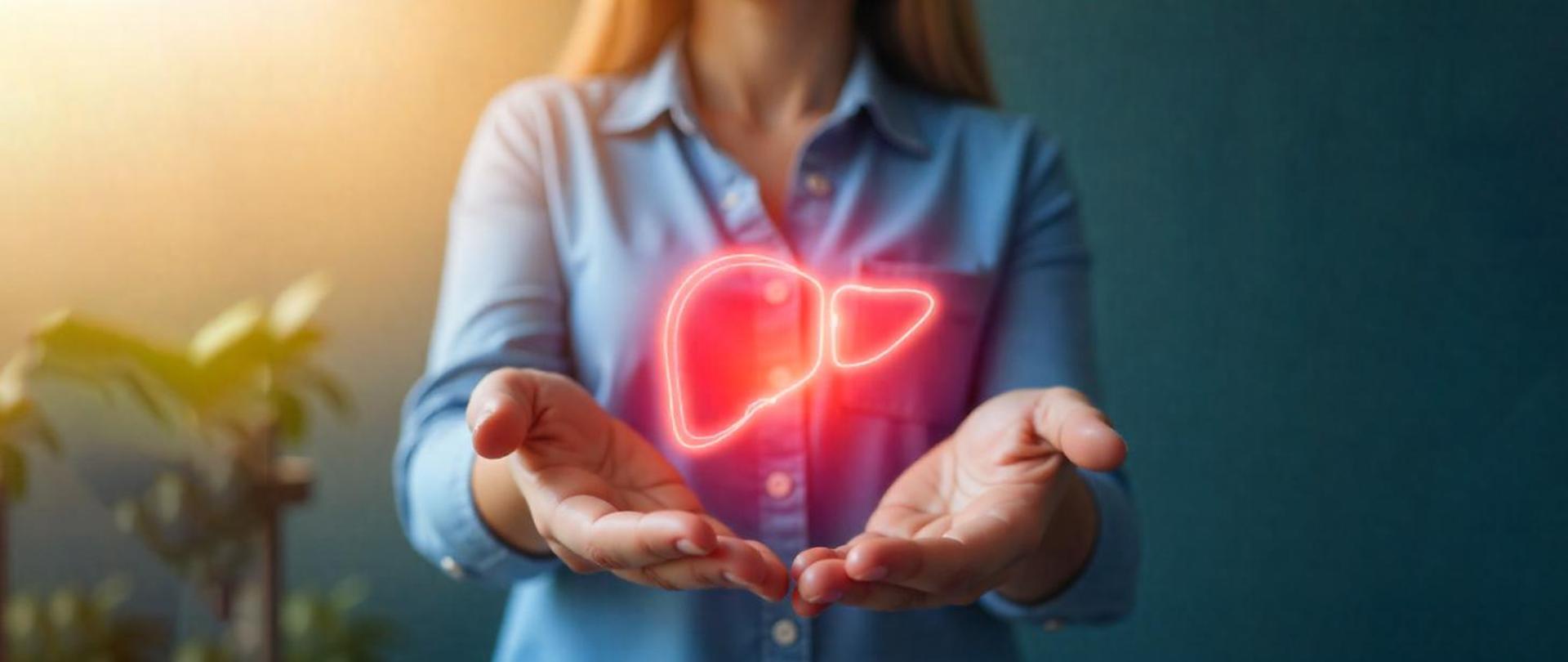 Grafika przedstawiająca sylwetkę kobiety w tle, na pierwszym planie dłonie trzymające prezentujące neon w kształcie wątroby.