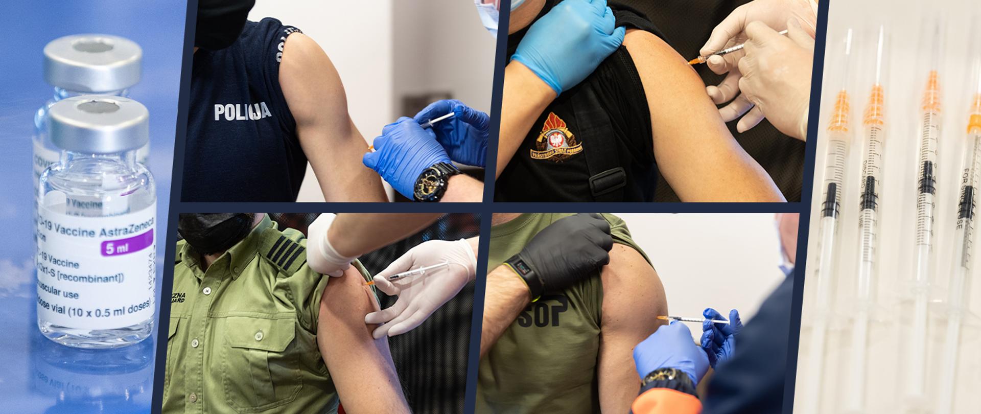 Na zdjęciu widoczne strzykawki, ampułki ze szczepionką firmy AstraZeneka oraz ramiona funkcjonariuszy Służby Ochrony Państwa, Policji, Państwowej Straży Pożarnej oraz Straży Granicznej podczas szczepienia.