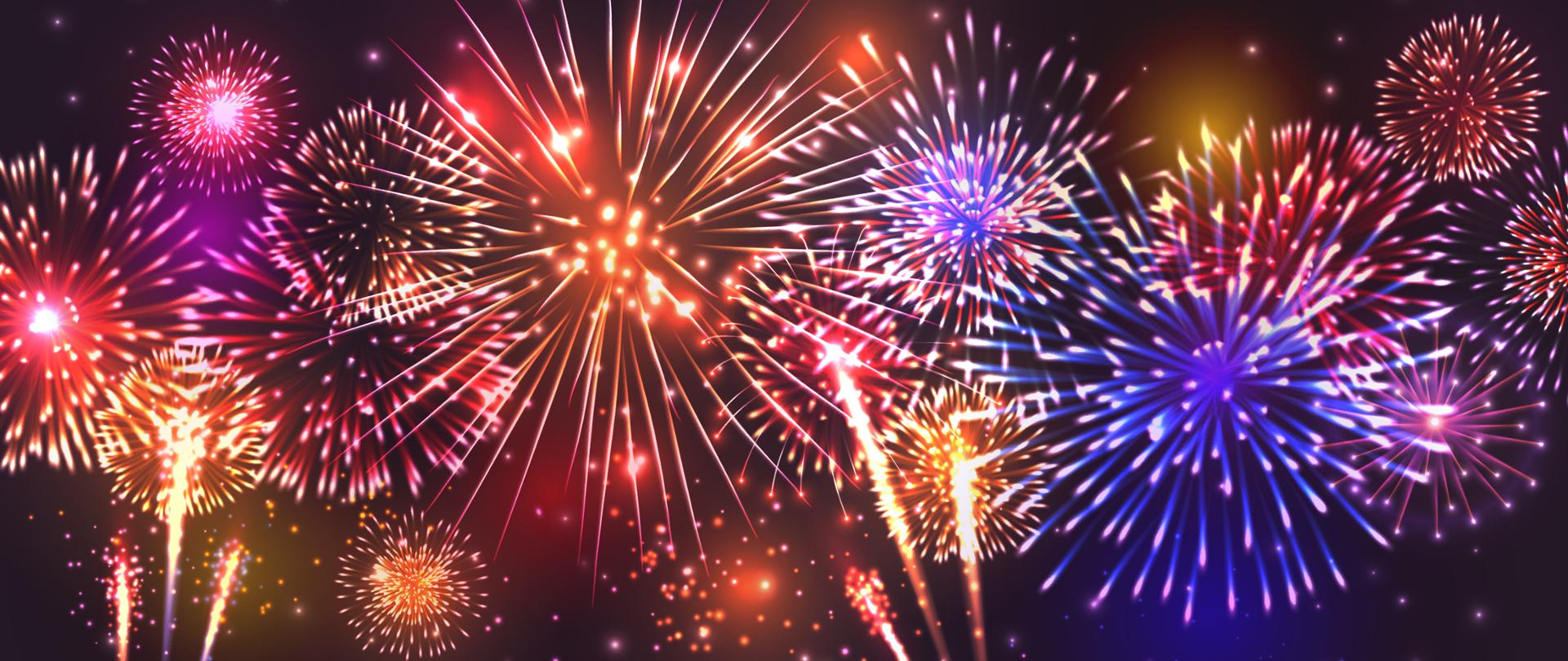 Widok rozbłyskujących fajerwerków na tle nocnego nieba, ilustracja