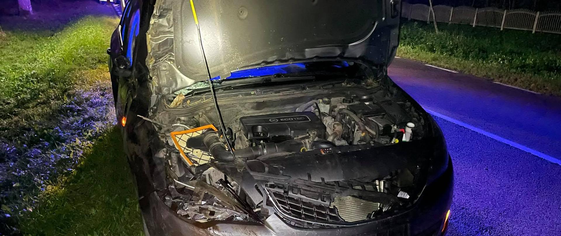 Samochód osobowy po zderzeniu z jeleniem. Maska przednia pojazdu otwarta. Widoczne uszkodzenia prawej strony pojazdu.