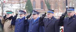 Przedstawiciele Policji, Straży Granicznej oraz Państwowej Straży Pożarnej oddają honor pod pomnikiem gen. Józefa Hallera