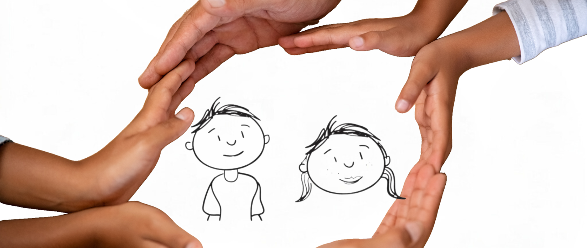 Grafika- białe tło na którym są ręce ludzi a w środku twarz dziewczynki i chłopca