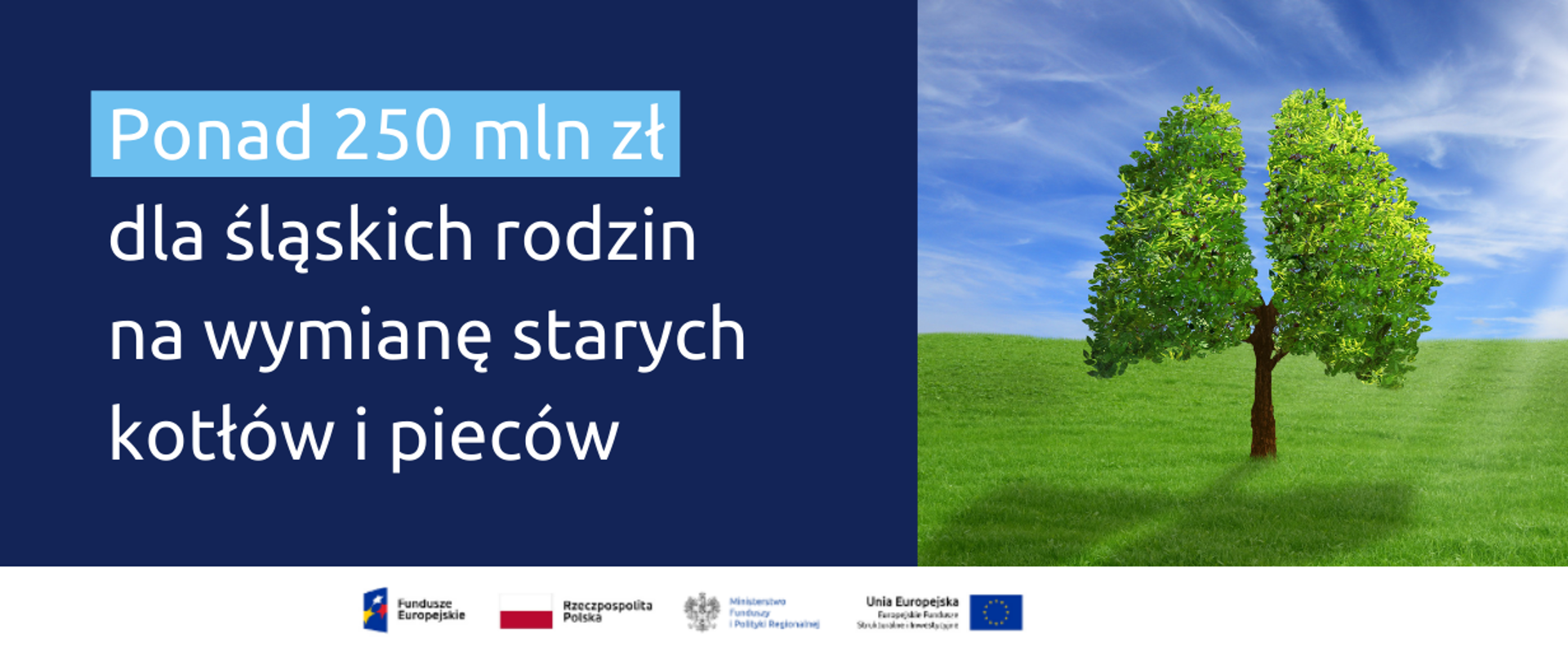 Na grafice napis: Ponad 250 mln zł dla śląskich rodzin na wymianę starych kotłów i pieców. Obok zdjęcie drzewa, którego korona jest w kształcie płuc. Na dole logo Funduszy Europejskich, Ministerstwa Funduszy i Polityki Regionalnej, Unii Europejskiej i flaga Polski.