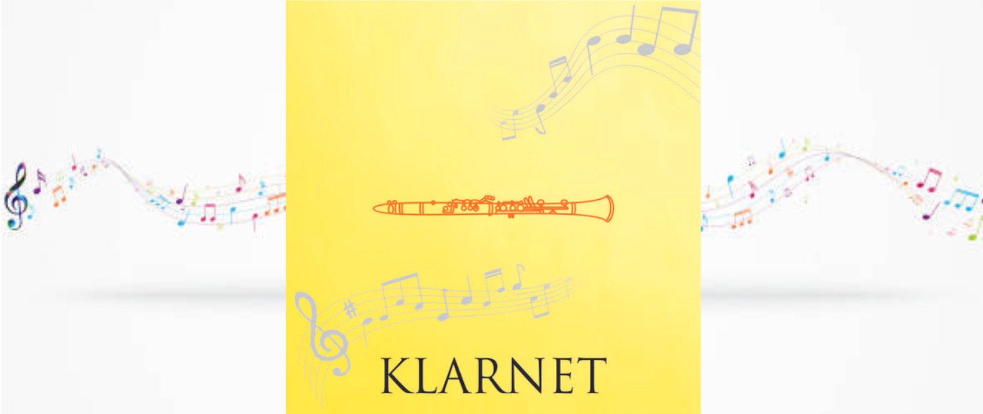 grafika przedstawiająca klarnet na tle nut , pod grafiką instrumentu napis klarnet