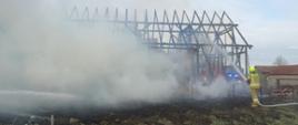 Paląca się drewniana stodoła. Duże zadymienie. Strażak gaszący stodołę.