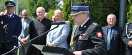 Na zdjęciu Komendant Powiatowy PSP w Rypinie st. bryg. Grzegorz Łydkowski witający przybyłych gości,