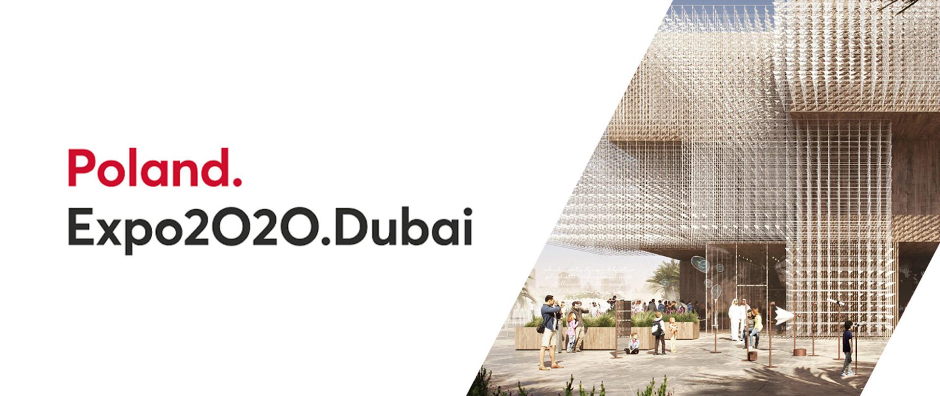 Grafika przedstawiająca napis "Poland Expo2020.Dubai", po prawej stronie ludzie stojący przed pawilonem wystawowym