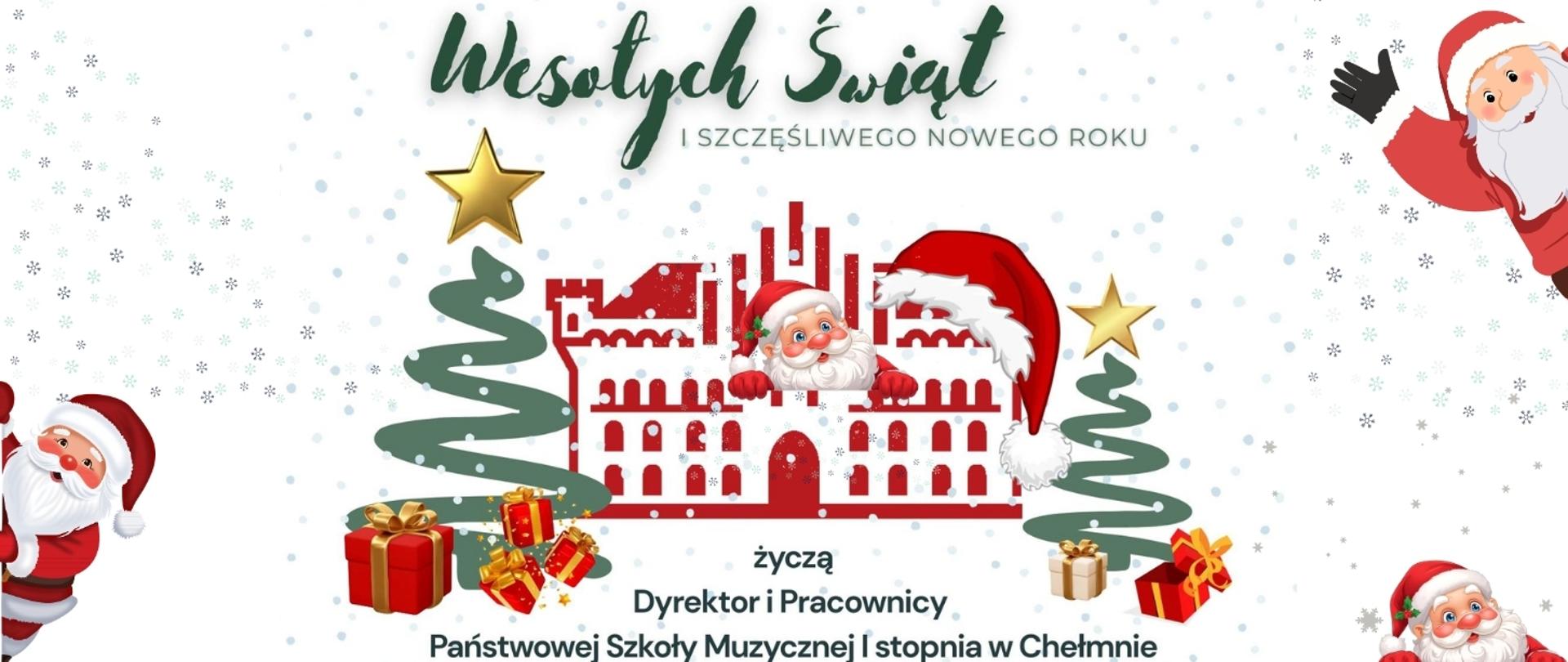 Na białym tle stylizowany budynek Szkoły Muzycznej w Chełmnie w otoczeniu elementów świątecznych i mikołajów.