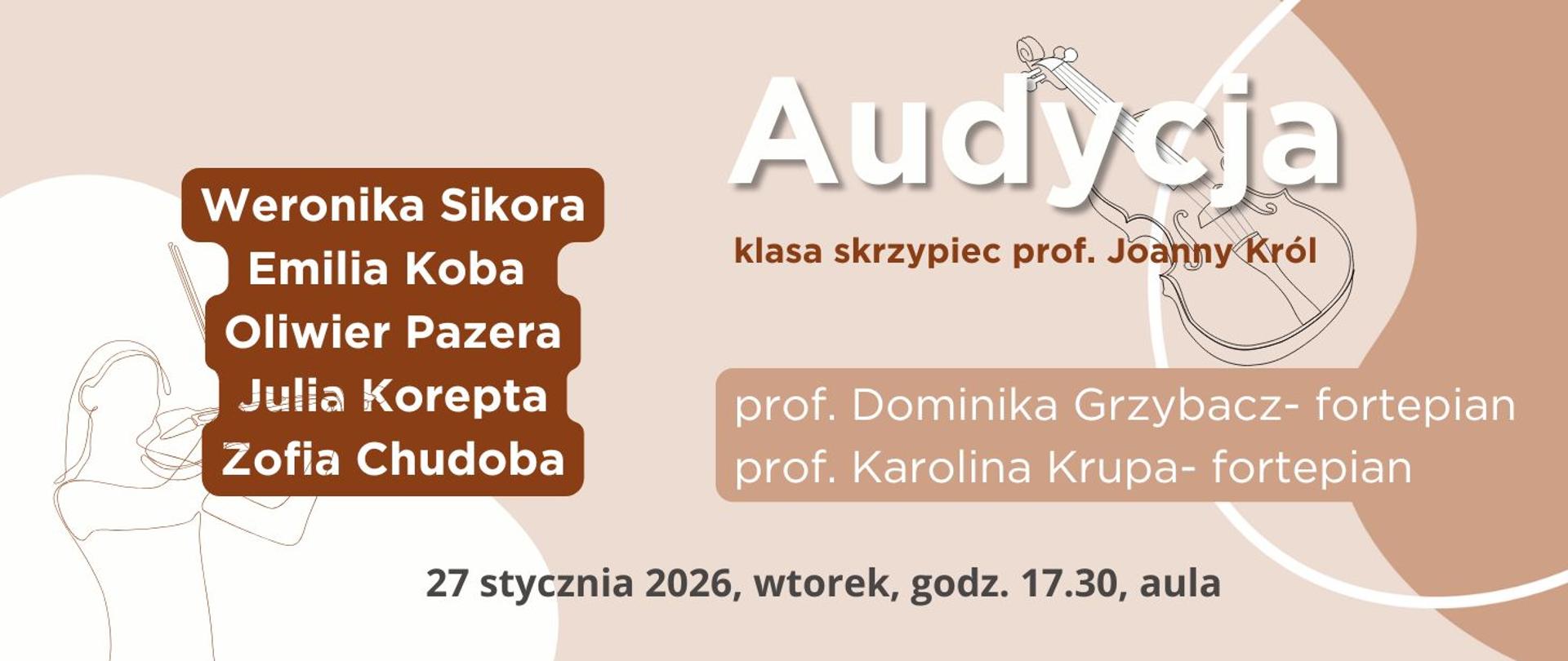 Audycja skrzypcowa 27.01.2026 godz.17.30 brązowo-beżowy plakat