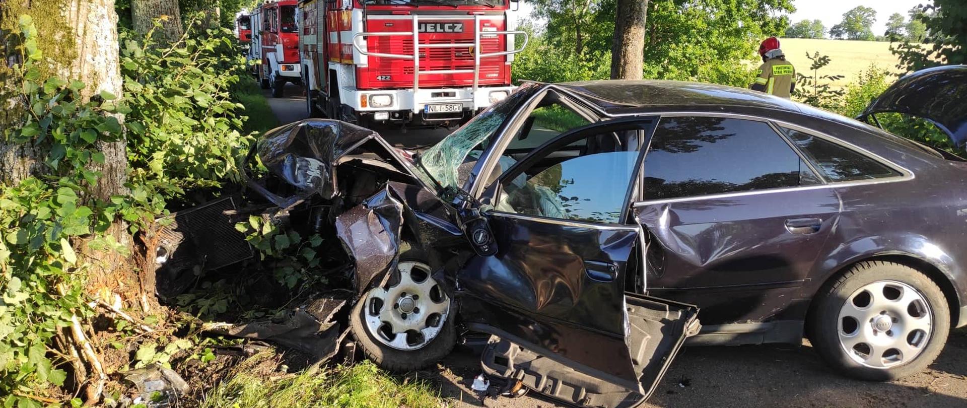 Zdjęcie przedstawia zastępy pożarnicze ustawione równolegle do drogi powiatowej oraz samochód osobowy Audi A6 z uszkodzony przodem po uderzeniu z przydrożnym drzewem