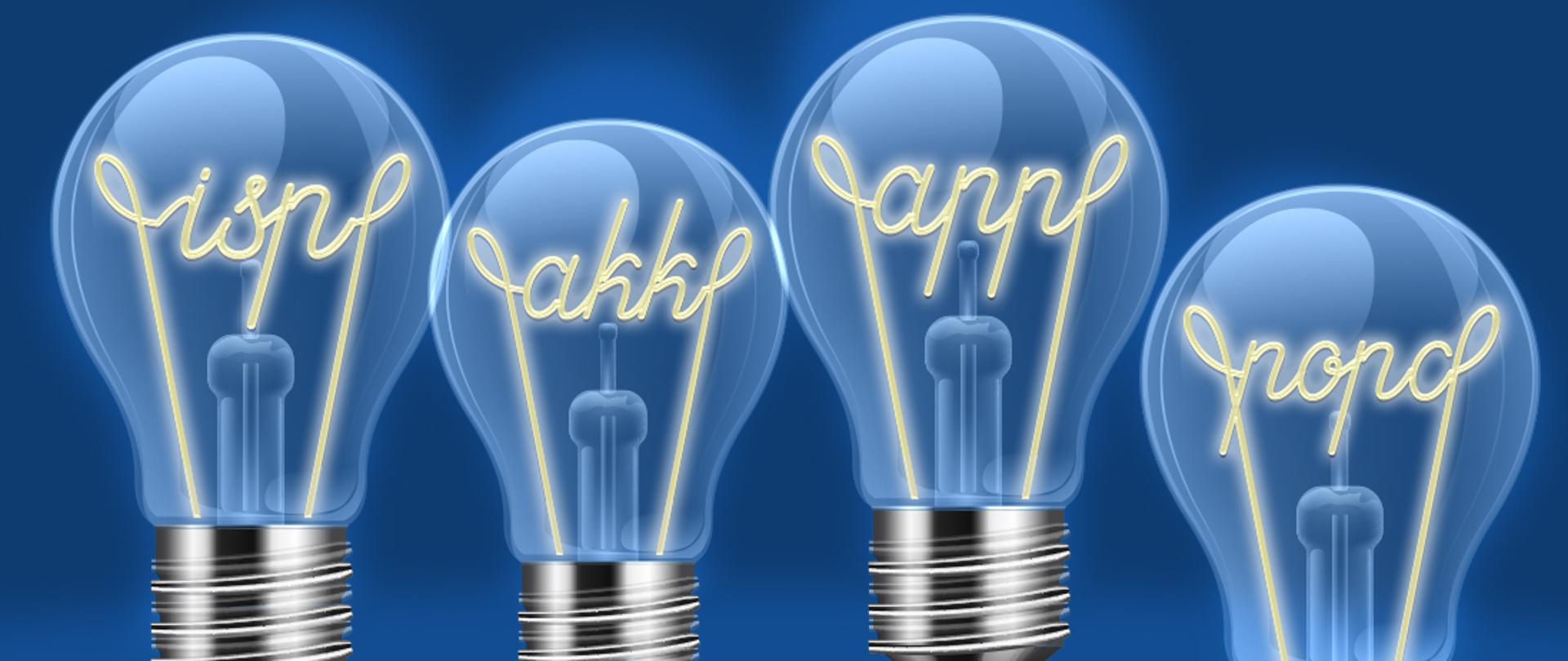 Baner przedstawia 4 żarówki. Drucik w żarówce 1 ułożony w napis isp, drucik w żarówce 2 ułożony w napis akk, drucik w żarówce 3 ułożony w napis app, drucik w żarówce 4 ułożony w napis popc.