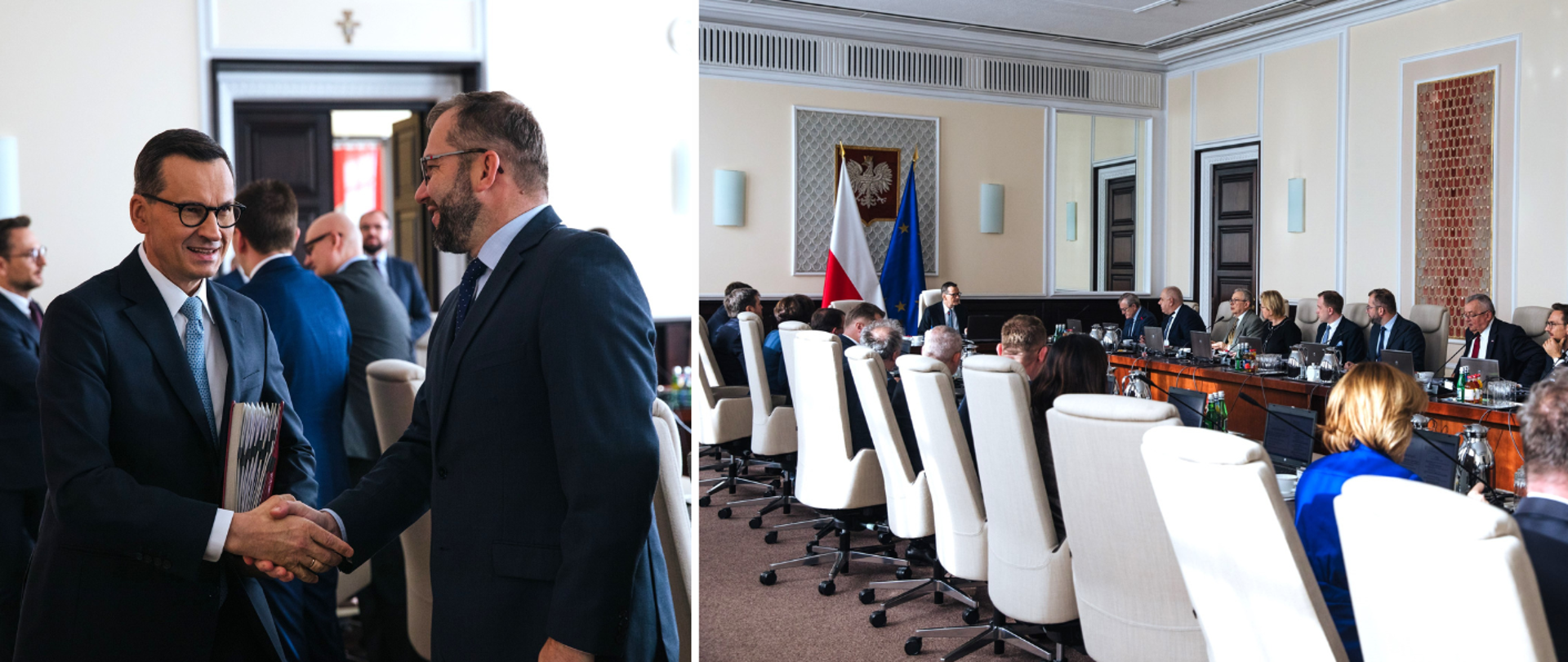 Kolaż dwóch zdjęć. Na pierwszym minister Grzegorz Puda podaje rękę premierowi Mateuszowi Morawieckiemu. Na drugim posiedzenie Rady Ministrów.