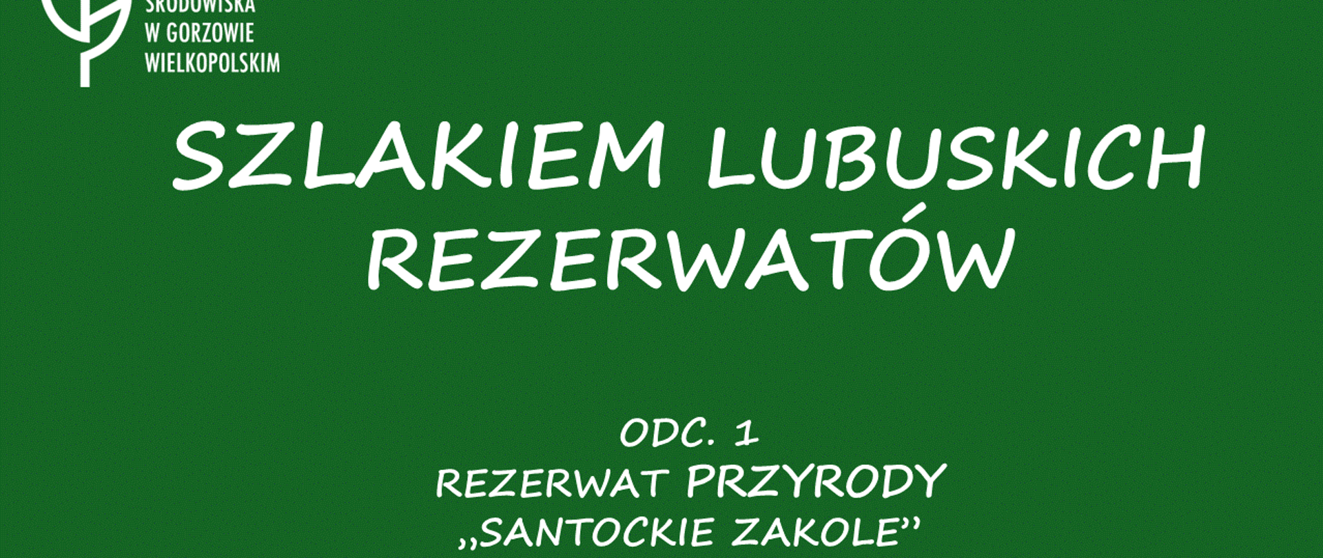 Na zielonym tle biały napis Szlakiem Lubuskich Rezerwatów i Odc.1 Rezerwat przyrody Santockie Zakole. W lewym górnym roku logo- biały liść i nazwa Regionalnej Dyrekcji Ochrony Środowiska w Gorzowie Wielkopolskim